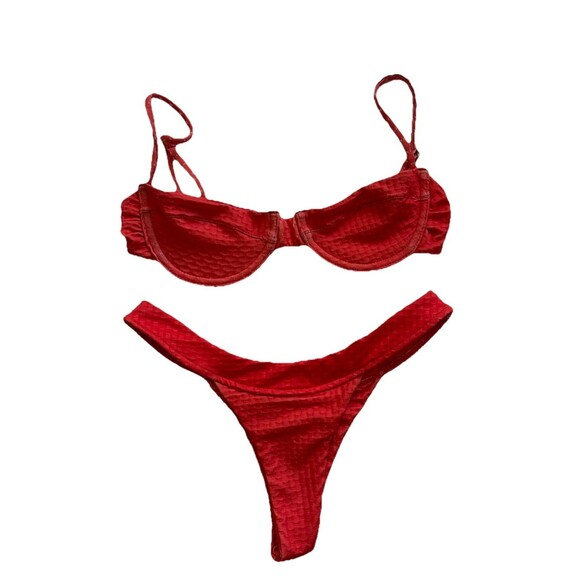Mello The Label Red Two Piece Balconette Bralette Top Cheeky Bikini Bottoms SZ S - Picture 2 of 16